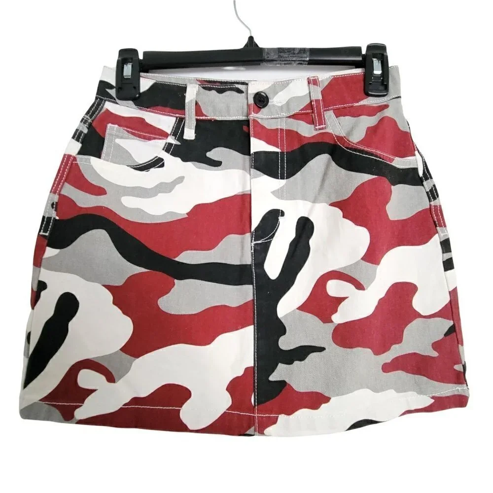 Forever 21 Red Black White Army Camouflage Mini Denim Jean Skirt Size Small